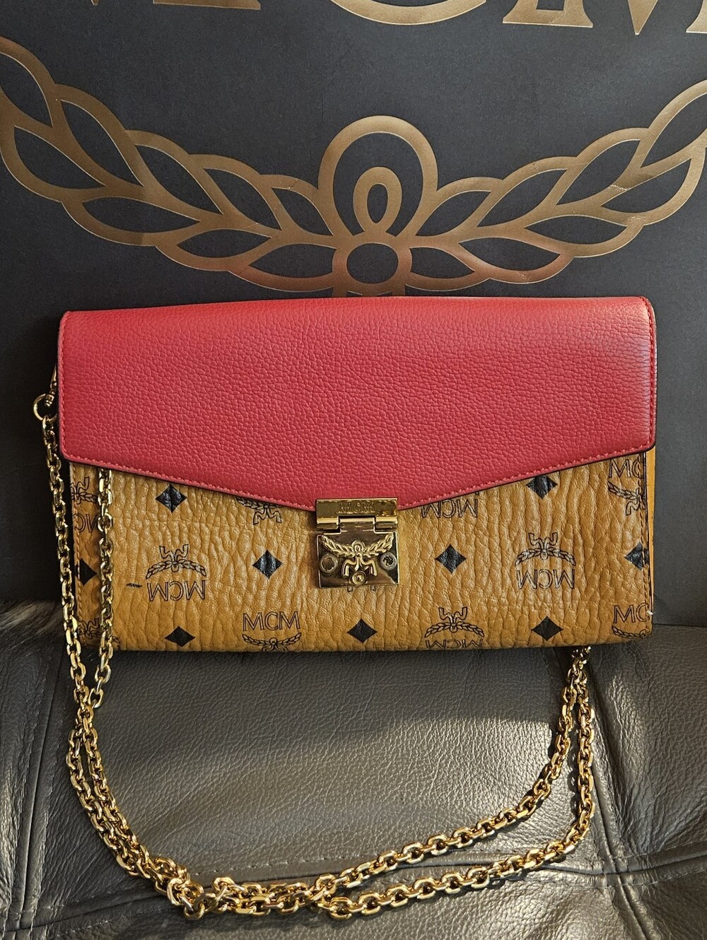 MCM Red & Cognac Visetos Leather Chain Crossbody Wallet